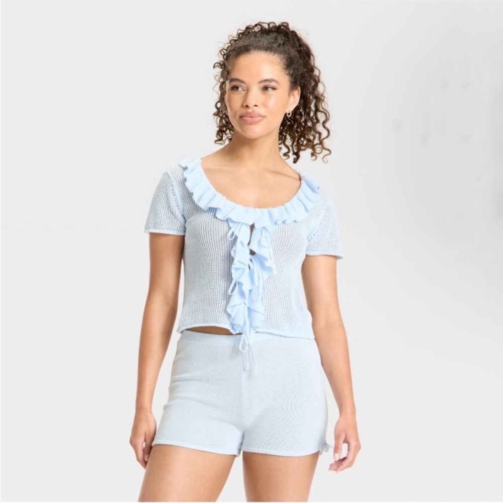 NWT Wild Fable Ruffle Open Knit Tie Front Top